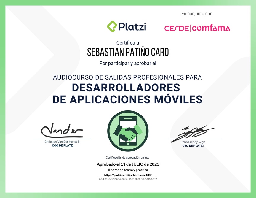 Diploma de Audiocurso de Salidas Profesionales para Desarrolladores de Aplicaciones Móviles 2022