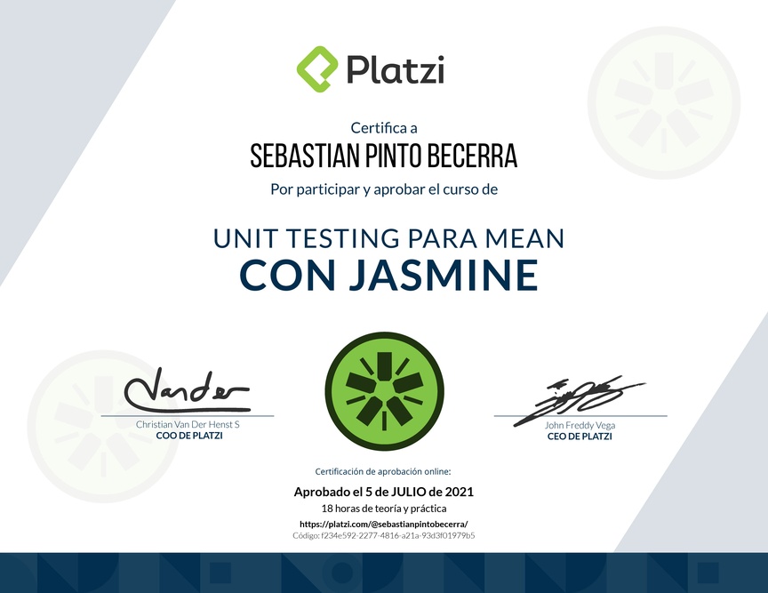 Diploma del Curso de Unit Testing para MEAN con Jasmine