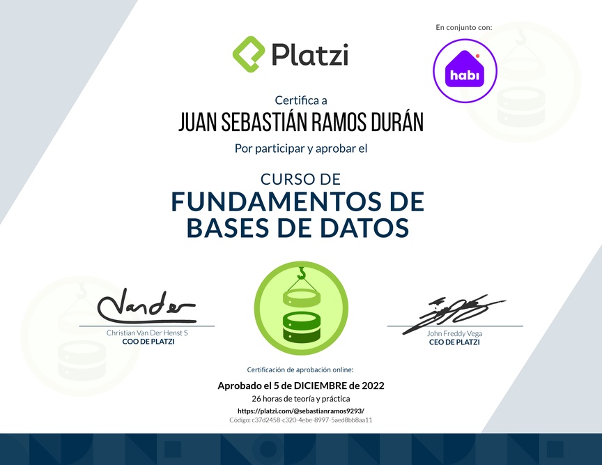 Diploma del Curso de Fundamentos de Bases de Datos 2019