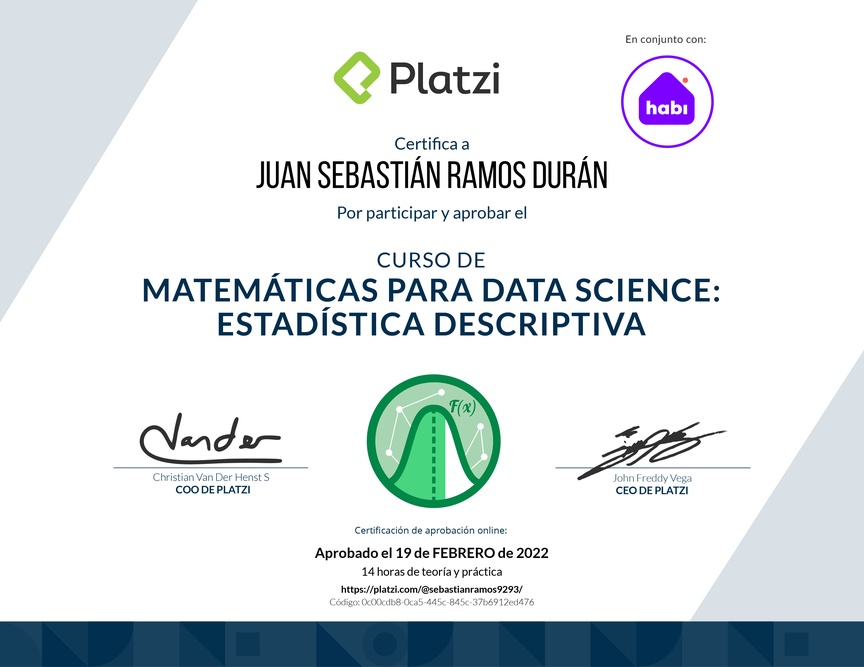 Diploma del Curso de Matemáticas para Data Science: Estadística Descriptiva