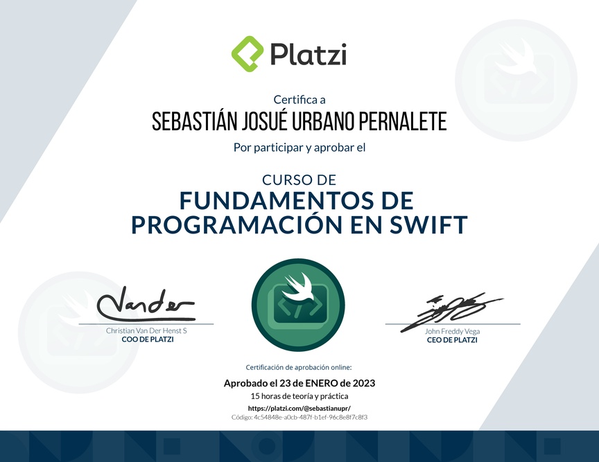 Diploma del Curso de Introducción a Swift (2019)