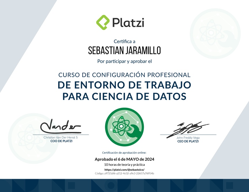 Diploma del Curso de Configuración Profesional de Entorno de Trabajo para Ciencia de Datos
