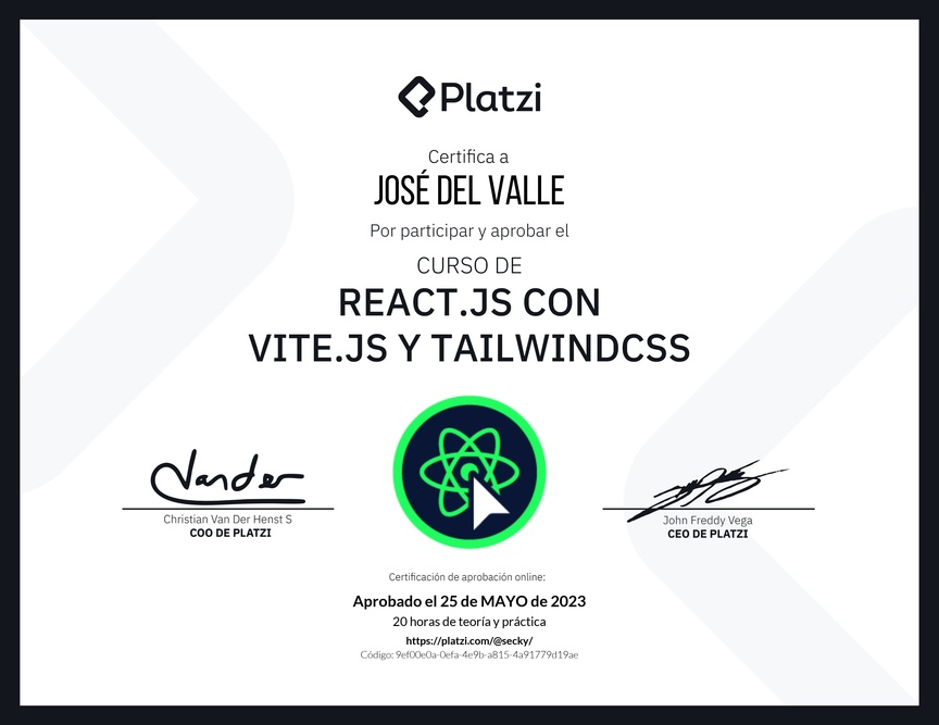 Diploma del Curso de React.js con Vite.js y TailwindCSS