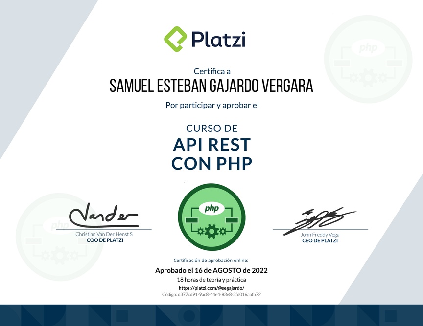 Diploma del Curso de API REST con PHP