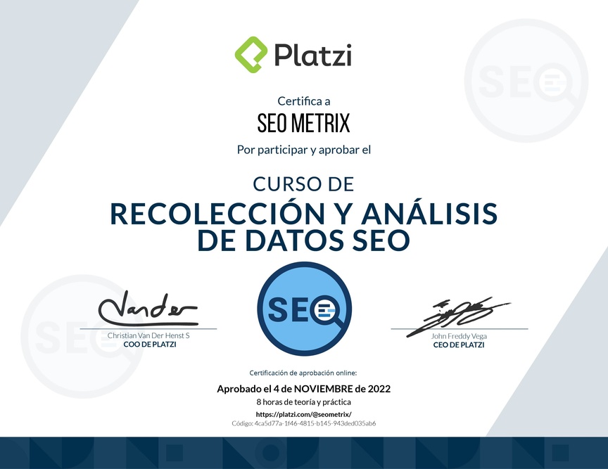 Diploma del Curso de Recolección y Análisis de datos SEO