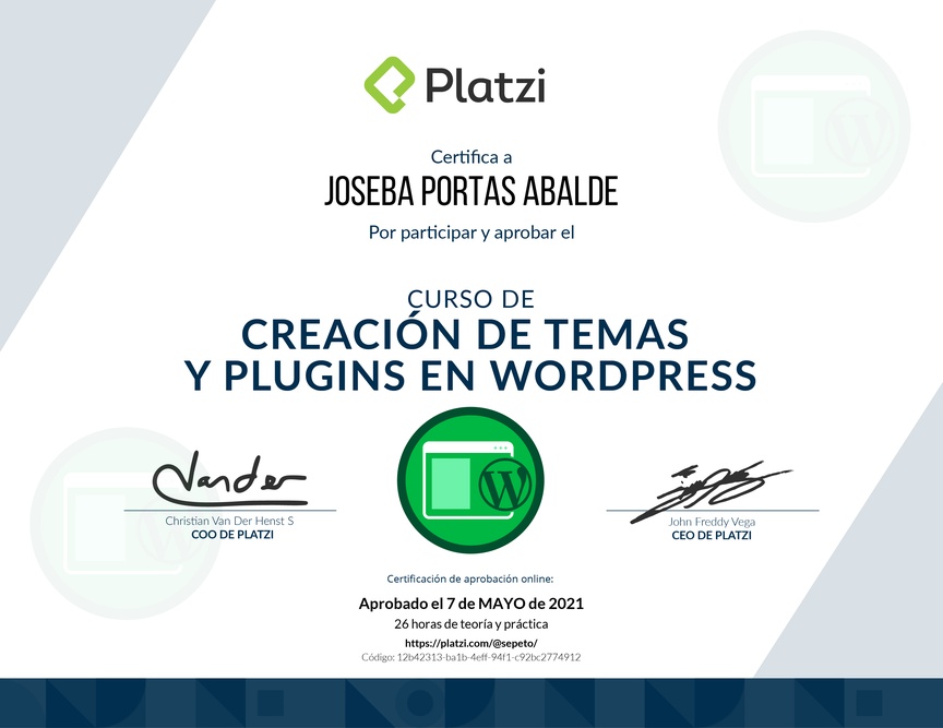 Diploma del Curso de Creación de Temas y Plugins en WordPress