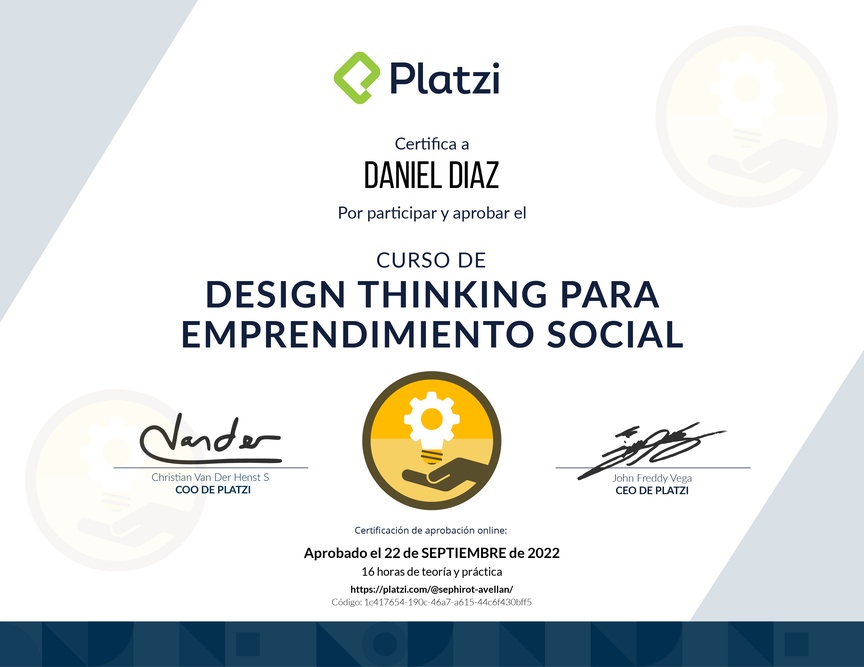 Diploma del Curso de Innovación para Empredimiento Social Usando Design Thinking y MVPs