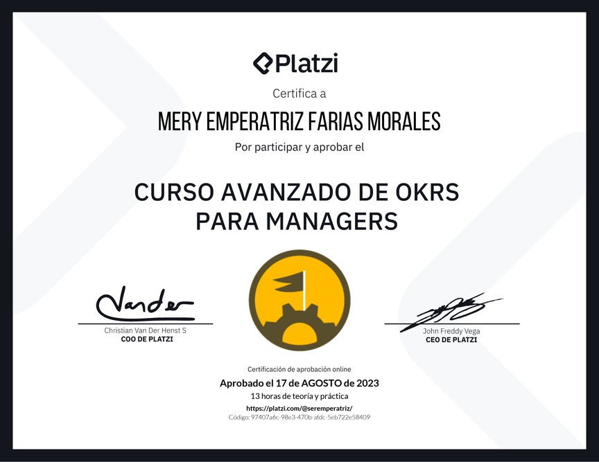 Diploma del Curso Avanzado de OKRs para Managers