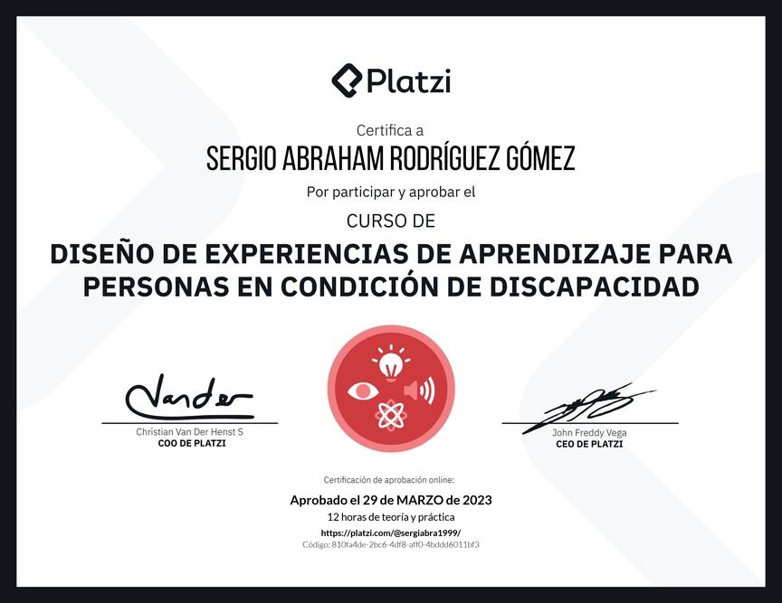 Diploma del Curso de Diseño de Experiencias de Aprendizaje para Personas en Condición de Discapacidad