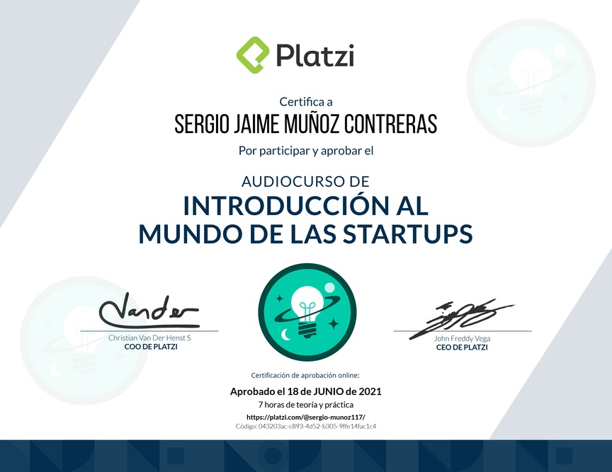 Diploma de Audiocurso de Introducción al Mundo de las Startups