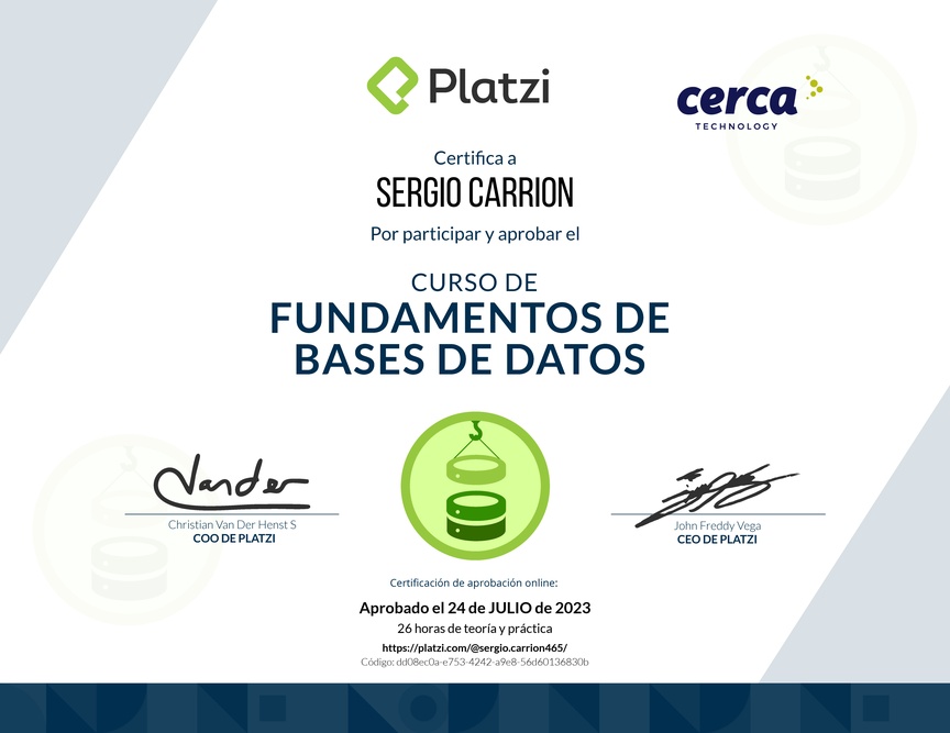 Diploma del Curso de Fundamentos de Bases de Datos 2019