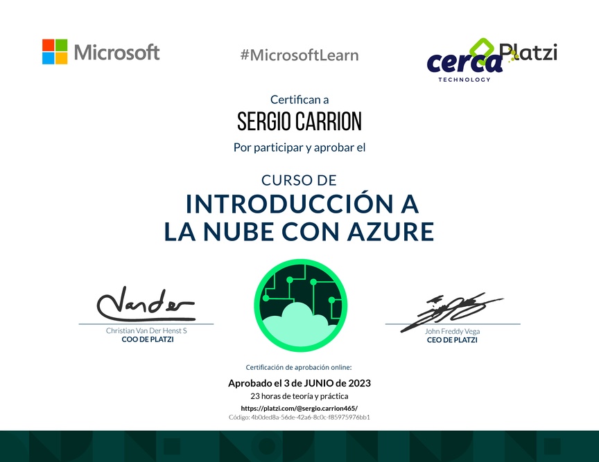 Diploma del Curso de Introducción a la Nube con Azure