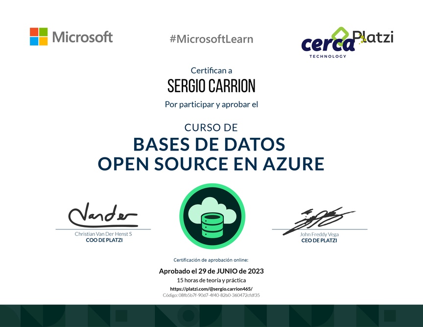 Diploma del Curso de Bases de Datos en Azure