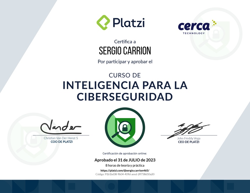 Diploma del Curso de Inteligencia para la Ciberseguridad