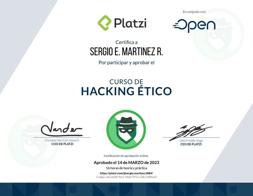 Diploma del Curso de Hacking Ético