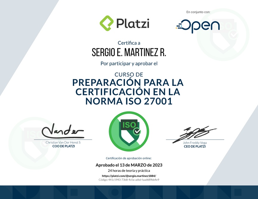 Diploma del Curso de Preparación para la Certificación en la Norma ISO 27001 (2020)