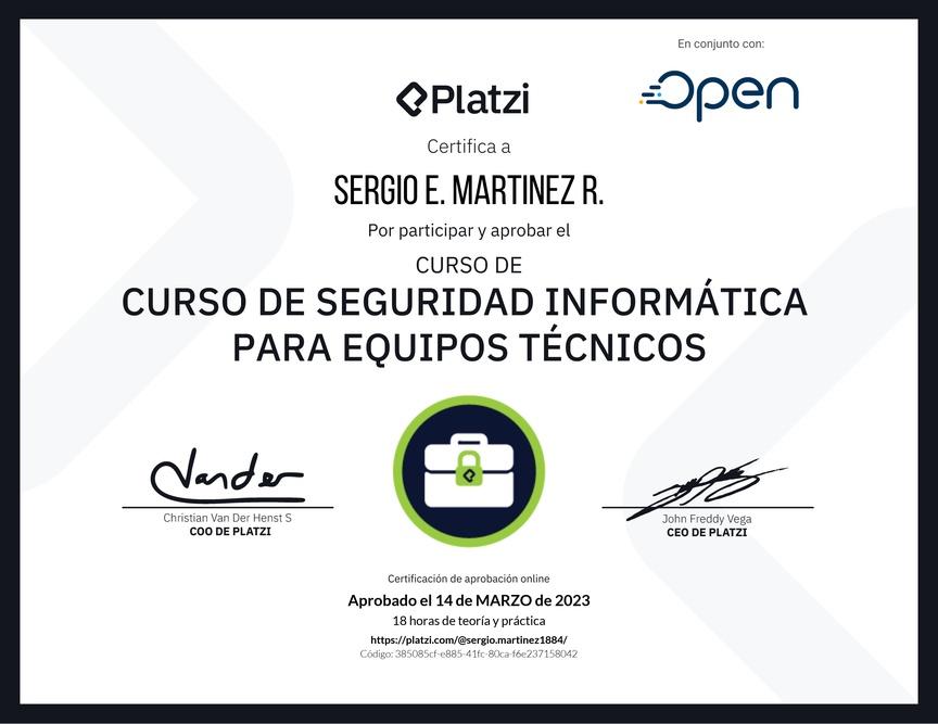 Diploma del Curso de Seguridad Informática para Equipos Técnicos