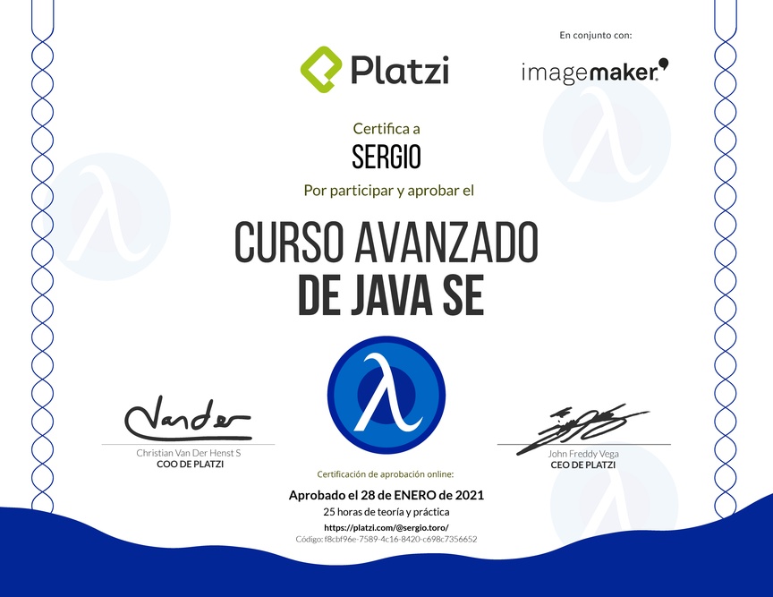 Diploma del Curso Avanzado de Java SE