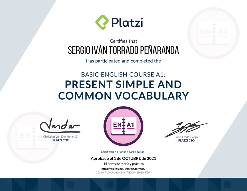 Diploma del Curso de Inglés Básico A1: Presente Simple y Vocabulario Común (2021)