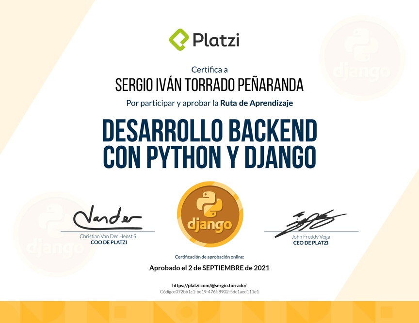 Diploma de la Ruta de Aprendizaje de Desarrollo Backend con Python y Django