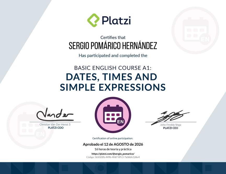 Diploma del Curso de Inglés Básico A1: Fechas, Horas y Expresiones Simples