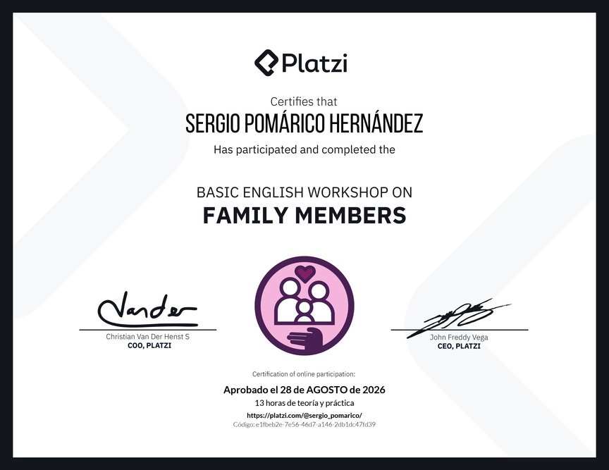Diploma del Curso de Inglés Práctico sobre los Miembros de la Familia