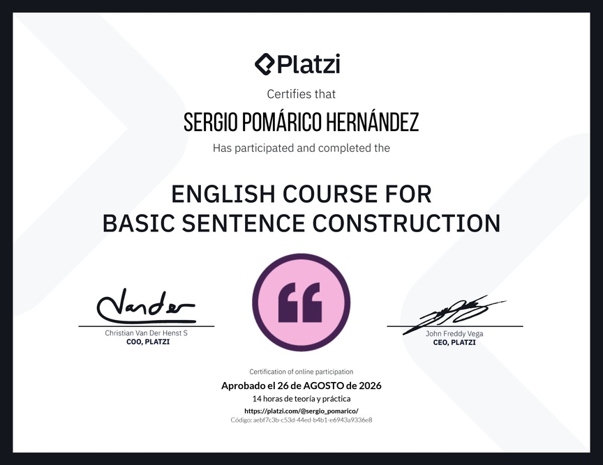 Diploma del Curso de Construcción de Oraciones en Inglés