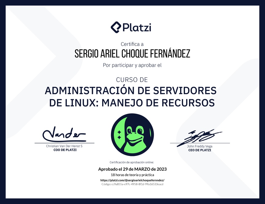 Diploma del Curso de Administración de Servidores Linux: Manejo de Recursos