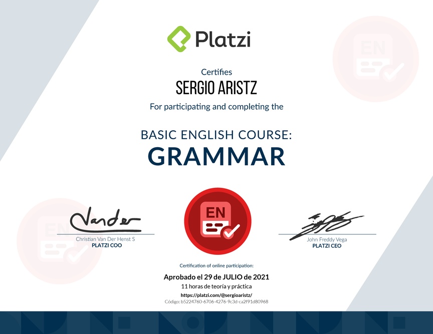 Diploma del Curso de Inglés Básico: Gramática 2018