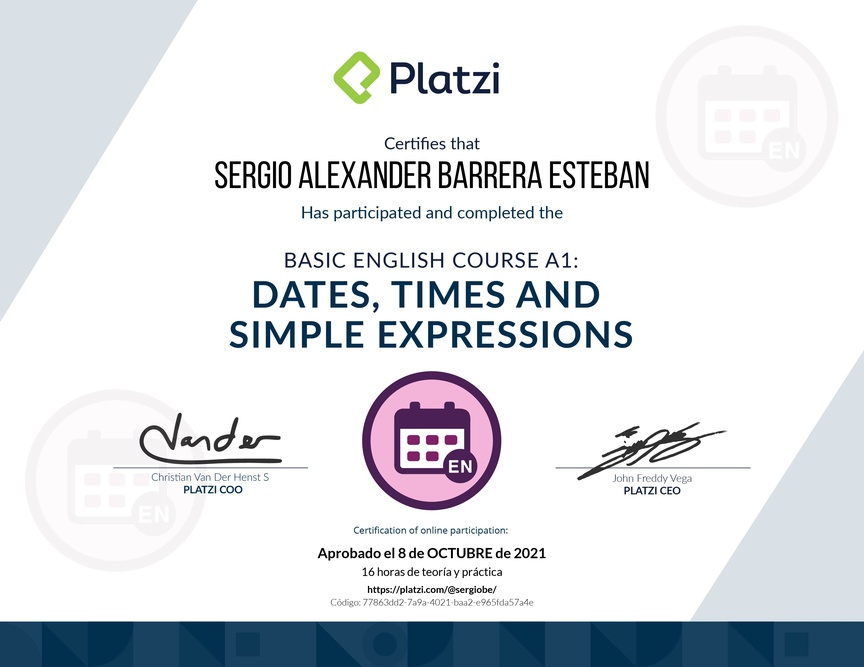 Diploma del Curso de Inglés Básico A1: Fechas, Horas y Expresiones Simples