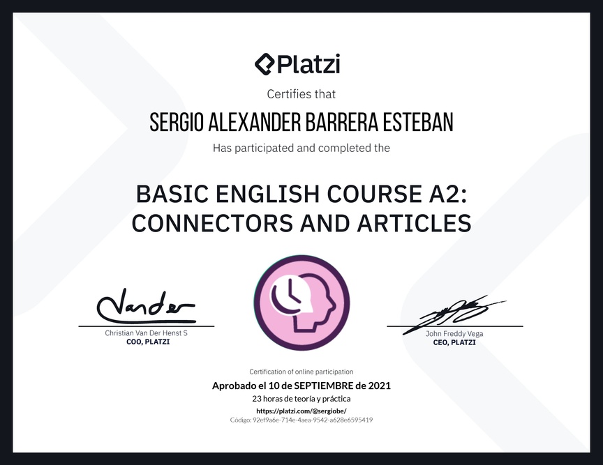 Diploma del Curso de Inglés Básico A2: Conectores y Artículos