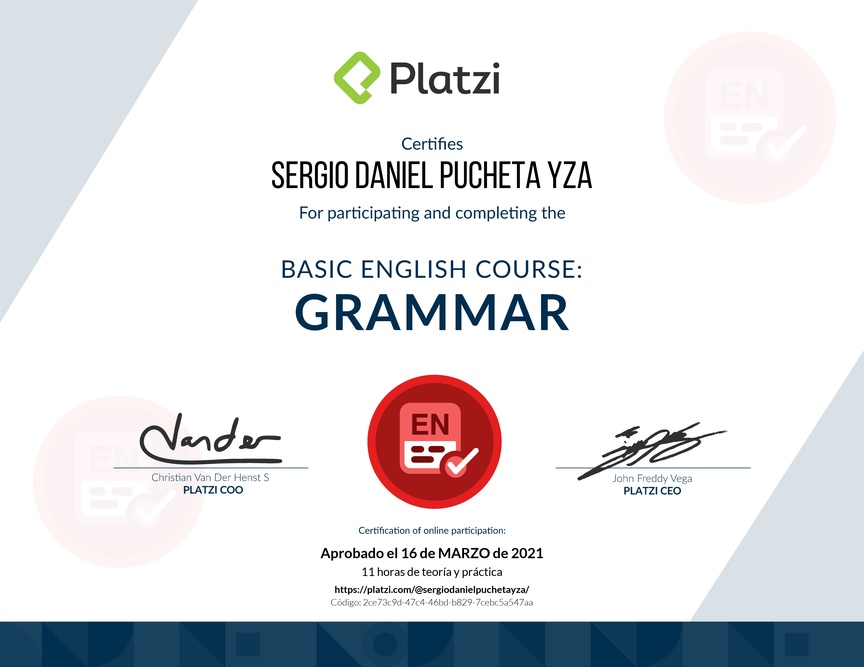 Diploma del Curso de Inglés Básico: Gramática 2018