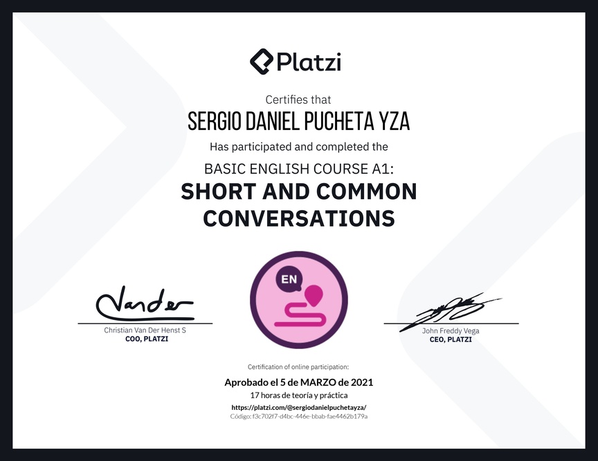 Diploma del Curso de Inglés Básico A1: Conversaciones Cortas y Habituales (2020)