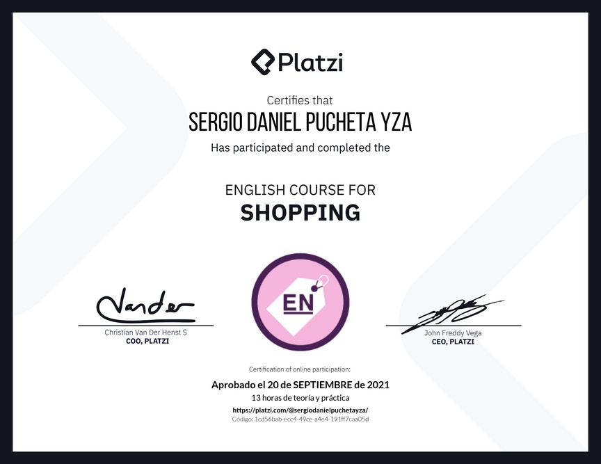 Diploma del Curso de Inglés para Compras (2020)