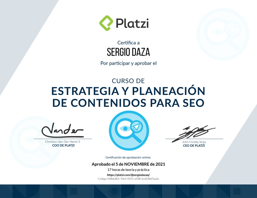 Diploma del Curso de Estrategia y Planeación de Contenidos para SEO (2020)