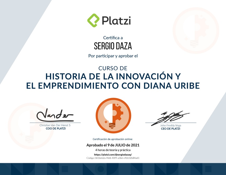 Diploma del Curso de Historia de la Innovación y el Emprendimiento con Diana Uribe