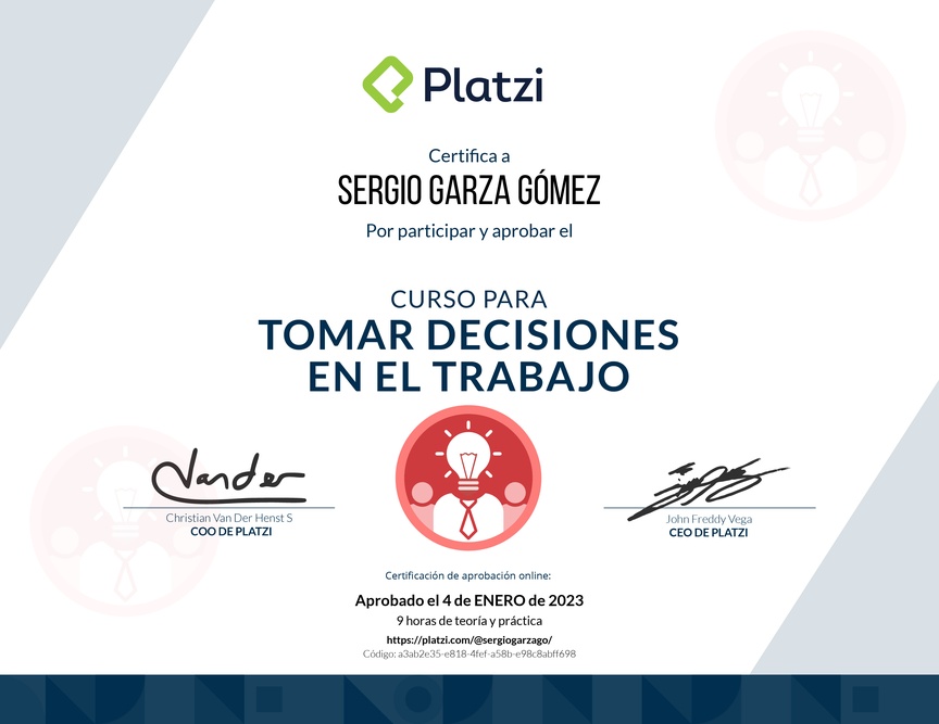 Diploma del Curso para Tomar Decisiones en el Trabajo