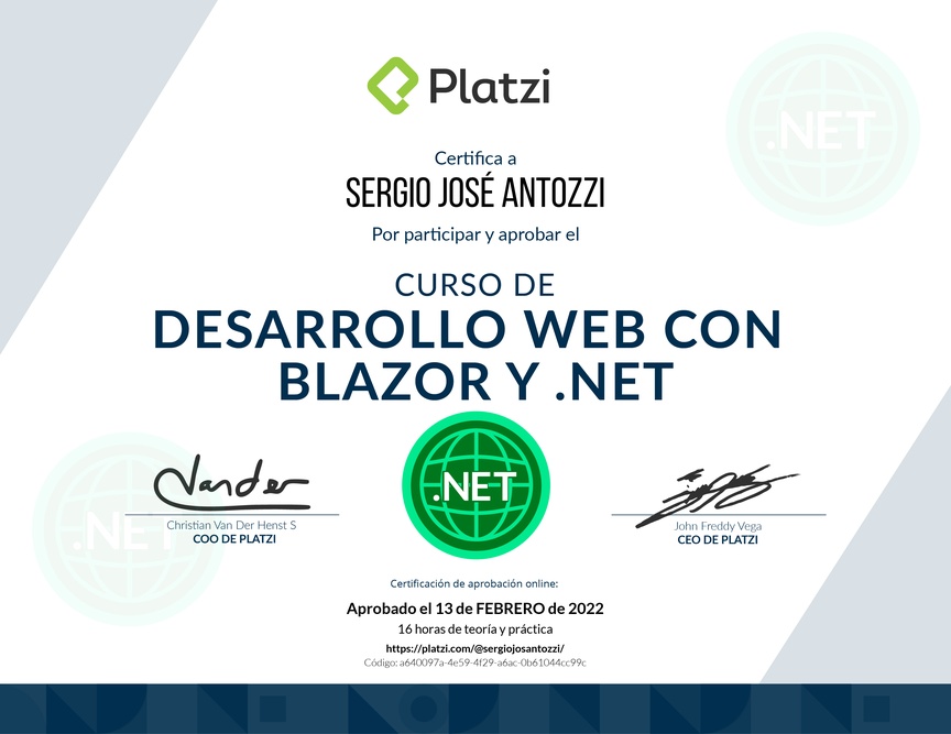 Diploma del Curso de Desarrollo Web con Blazor y .Net Core 3