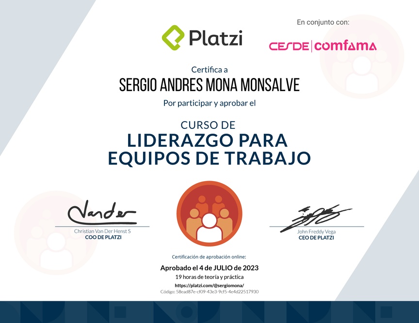 Diploma del Curso de Liderazgo para Equipos de Trabajo