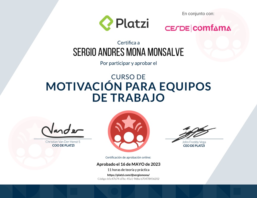 Diploma del Curso de Motivación para Equipos de Trabajo