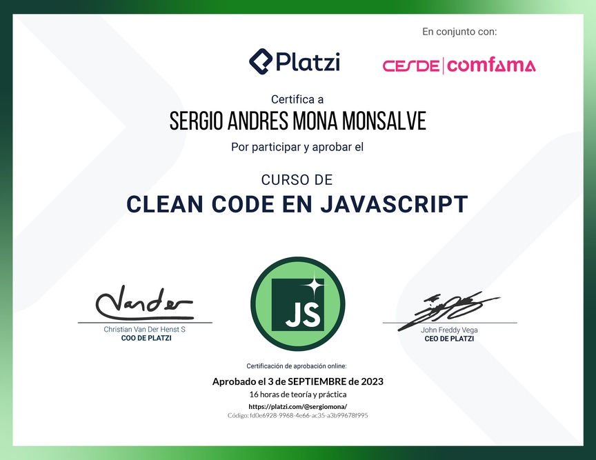Diploma del Curso de Clean Code y Buenas Prácticas con JavaScript