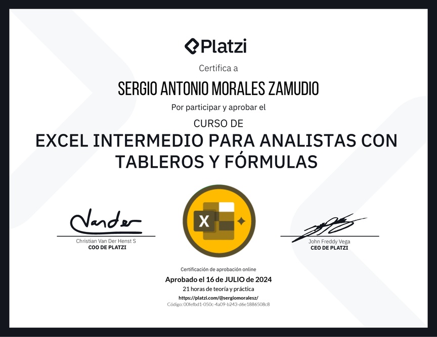 Diploma del Curso de Excel Intermedio para Analistas con Tableros y Fórmulas