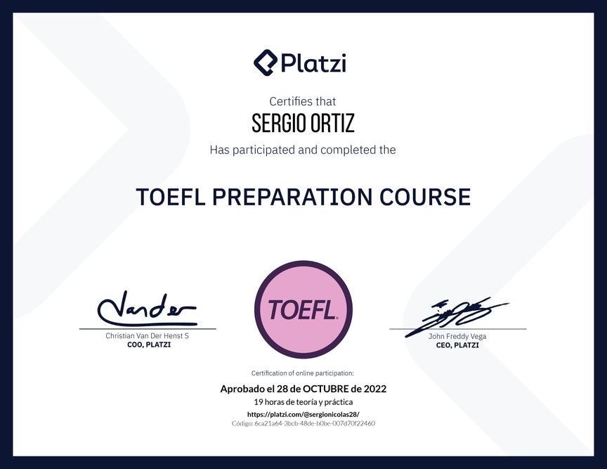 Diploma del Curso de Inglés para Preparación para TOEFL (2020)