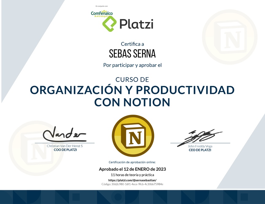 Diploma del Curso de Organización y Productividad con Notion (2021)