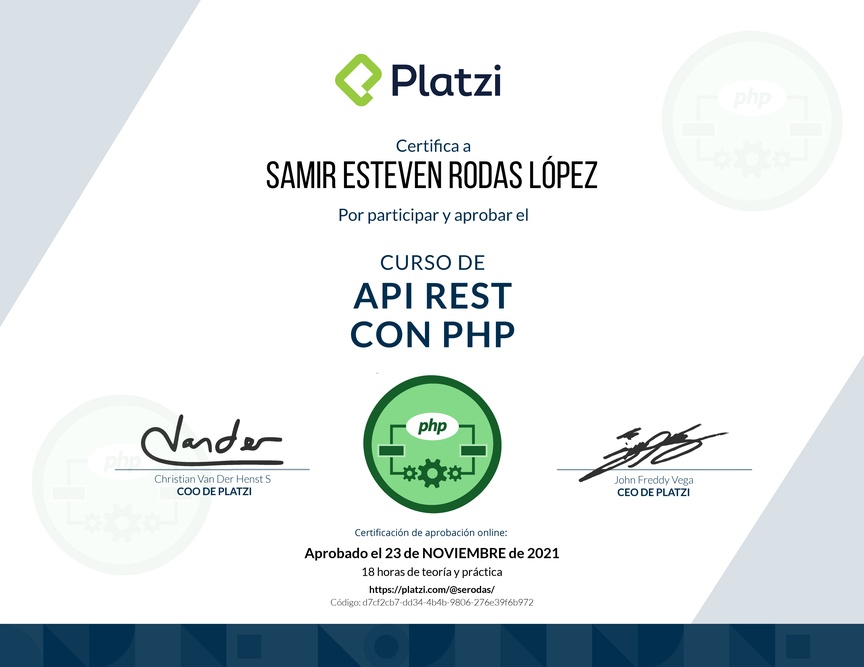 Diploma del Curso de API REST con PHP