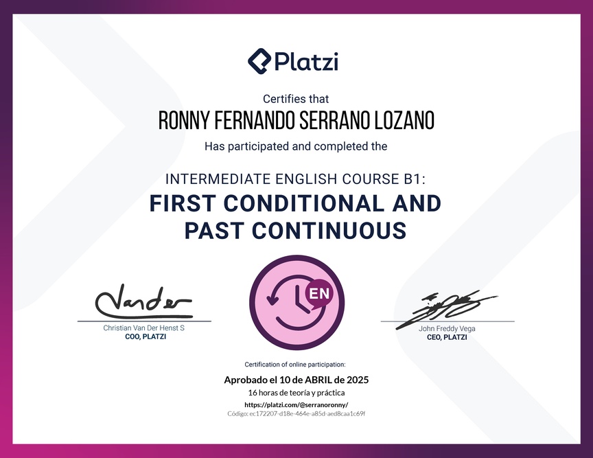 Diploma del Curso de Inglés Intermedio B1: Primer Condicional y Pasado Continuo