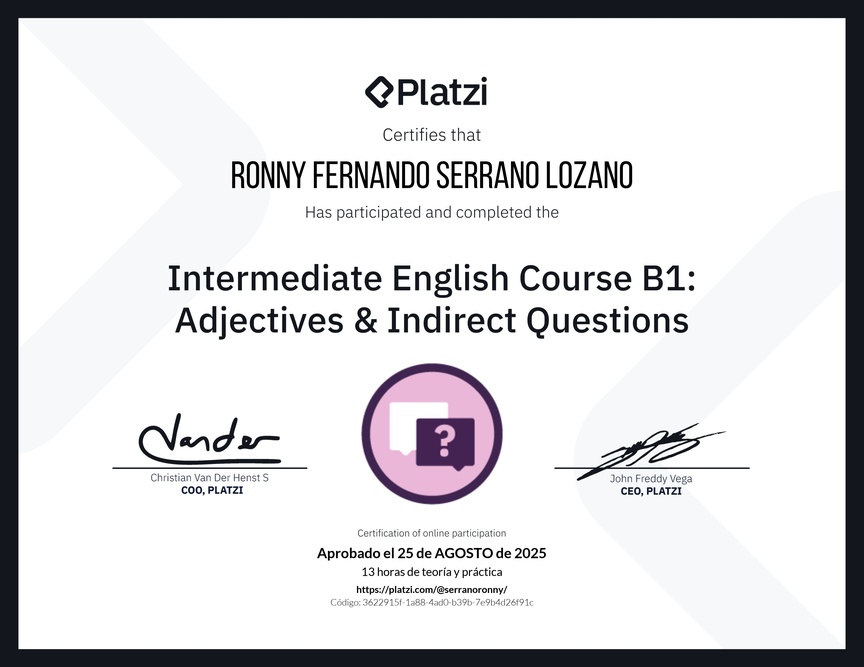 Diploma del Curso de Inglés Intermedio B1: Adjetivos y Preguntas Indirectas