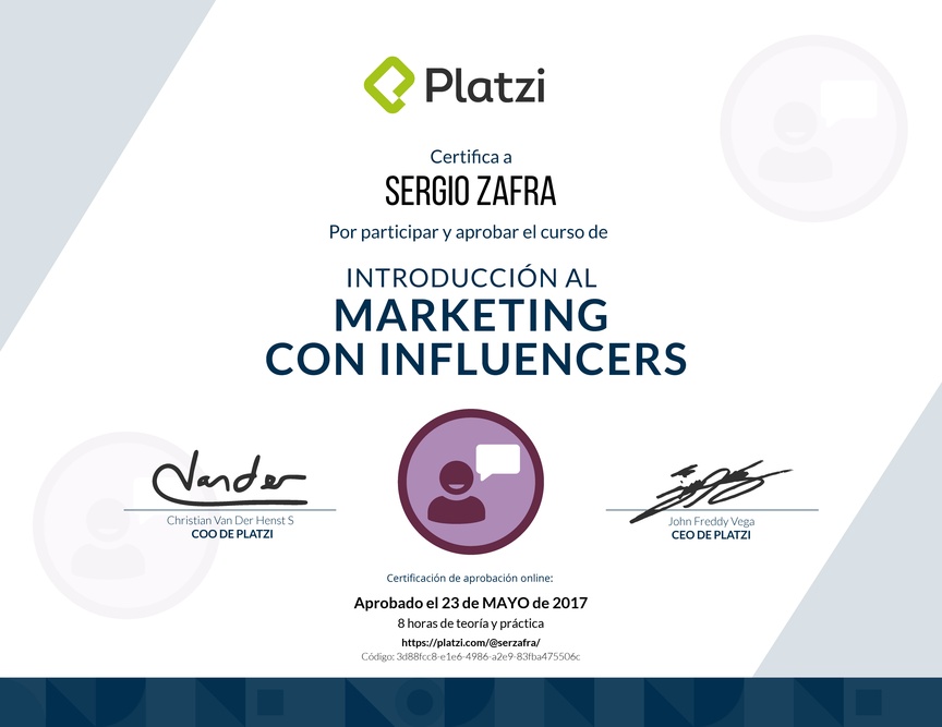 Diploma de Introducción al marketing con influencers 2017