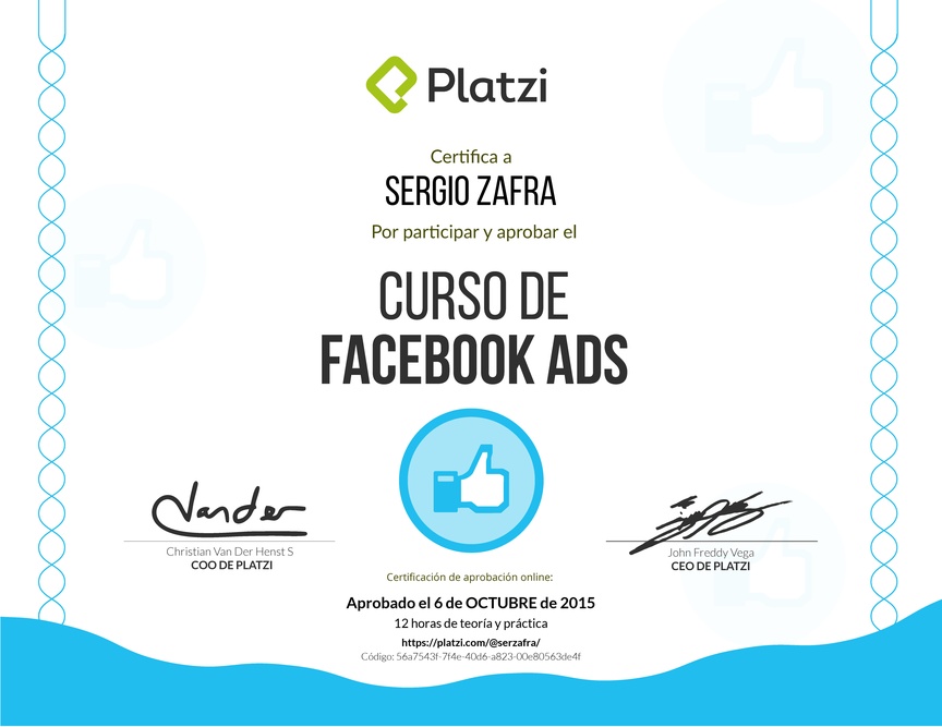 Diploma del Curso de Facebook Ads 2015