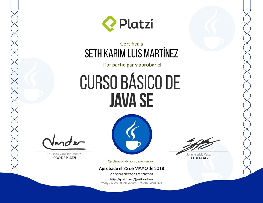 Diploma del Curso Básico de Java SE 2018